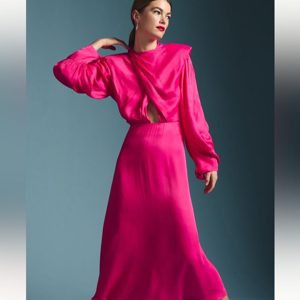 Farm Rio Anthropologie Cutout Long Sleeve Maxi Dress Hot Pink Womens Size XS New - Picture 4 of 9